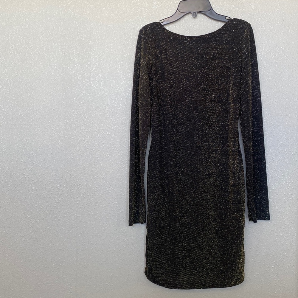 NWT Black and Gold Shimmery Long Sleeve Bodycon Dress Size Large
